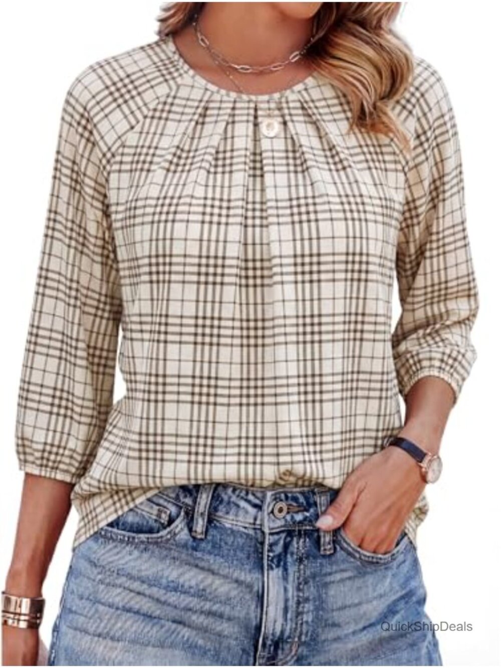 Womens 3/4 Sleeve Pleated Blouse Crew Neck Business Casual Top